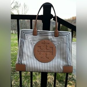 Tory Burch Ella Printed Tote Box Stripe Natural Vachetta